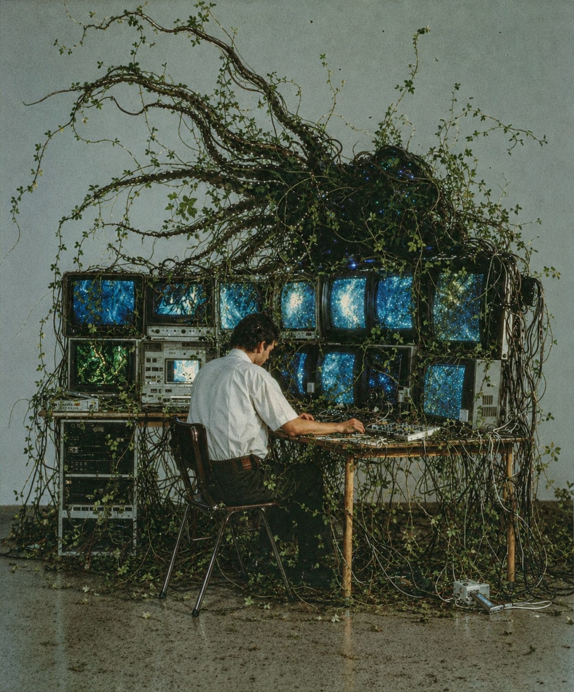 Inspiration image: a workstation overtaken by vines and greenery.